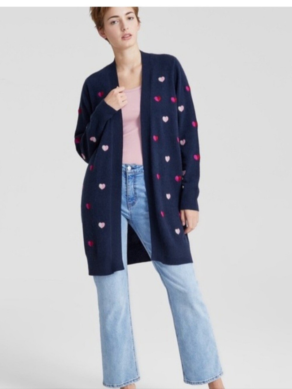 Charter Club Luxury 100% Cashmere Heart Print Open Front Duster Cardigan Navy Bl
